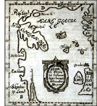 The Sigurdur Stefansson map, of Icelandic origin, was copied in 1670 from an earlier map, likely made in 1590 (not 1570, as it claims). On it, Vinland is located in what appears to be Newfoundland, with the bottom peninsula corresponding to the Northern Peninsula in Newfoundland. Leif Eriksson's Helluland and Markland are shown as projections from a North American continent.